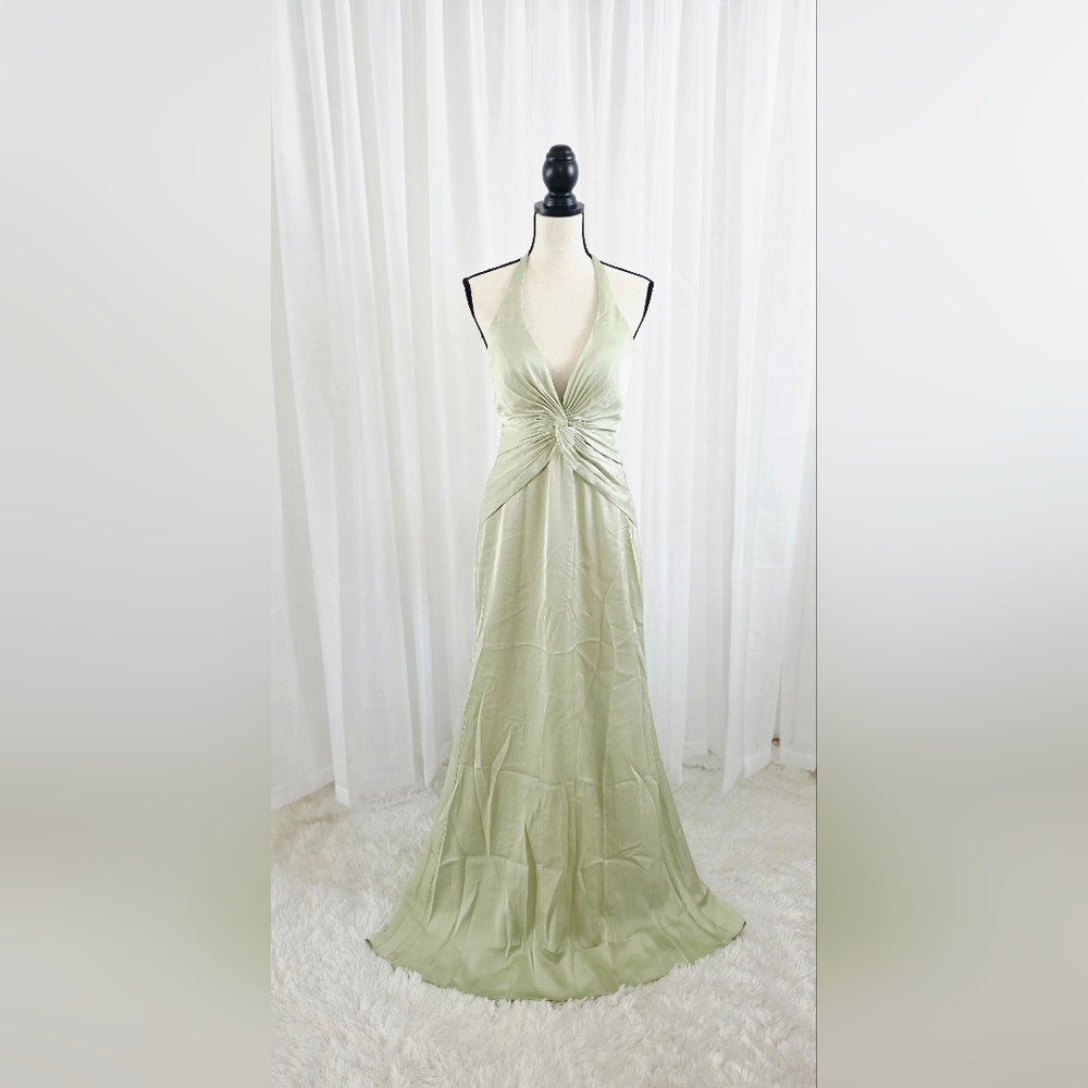 Elegant Sage Halter Twist-Front Evening Dress